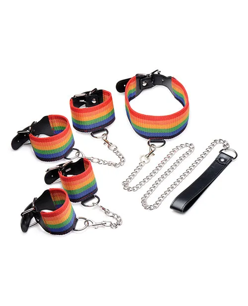 Couples Xr LLC No Eta Master Series Kinky Pride Rainbow Bondage Set Wrist Ankle Cuffs Collar Wleash