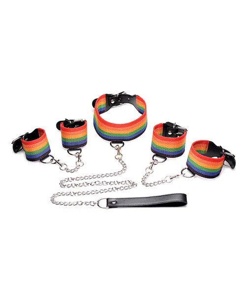 Couples Xr LLC No Eta Master Series Kinky Pride Rainbow Bondage Set Wrist Ankle Cuffs Collar Wleash
