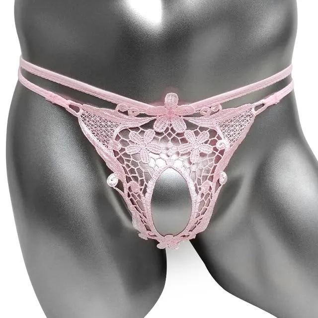 Male Sex Toys CHASTITY CAGE CO Lace GString with Penis Hole